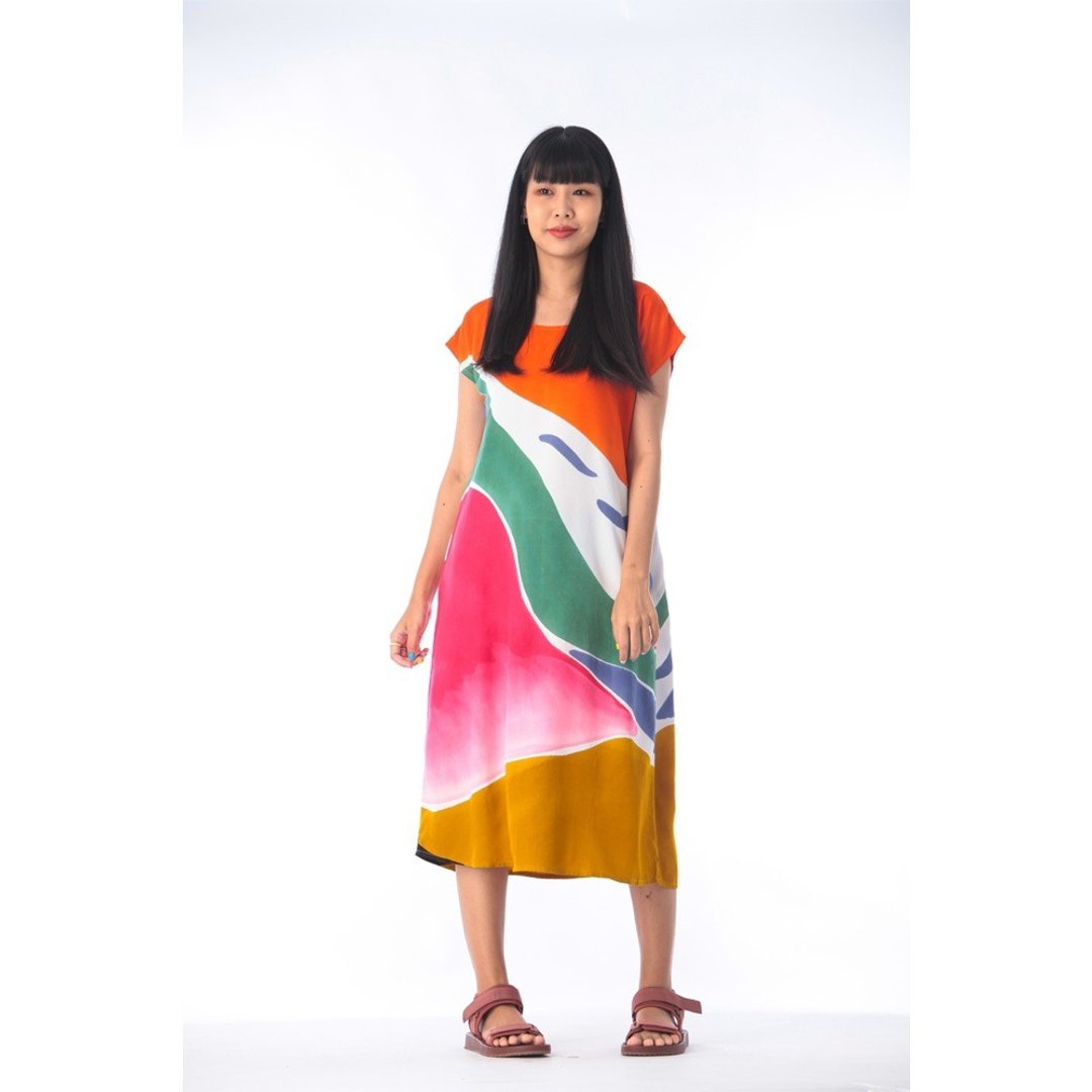 Long Dress Cotton Rayon Hand Paint - 洋装/连衣裙 - 棉．麻 橘色