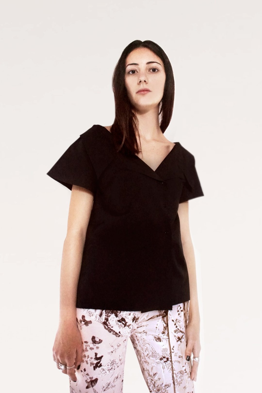 Open Collar Short Sleeves Cotton Shirt / Black / Handmade in Japan - 女装衬衫 - 棉 黑色