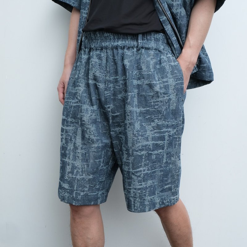KAIKAI - Insomnia - 撕裂提花牛仔短裤-丹宁蓝 - 男士短裤 - 棉．麻 蓝色