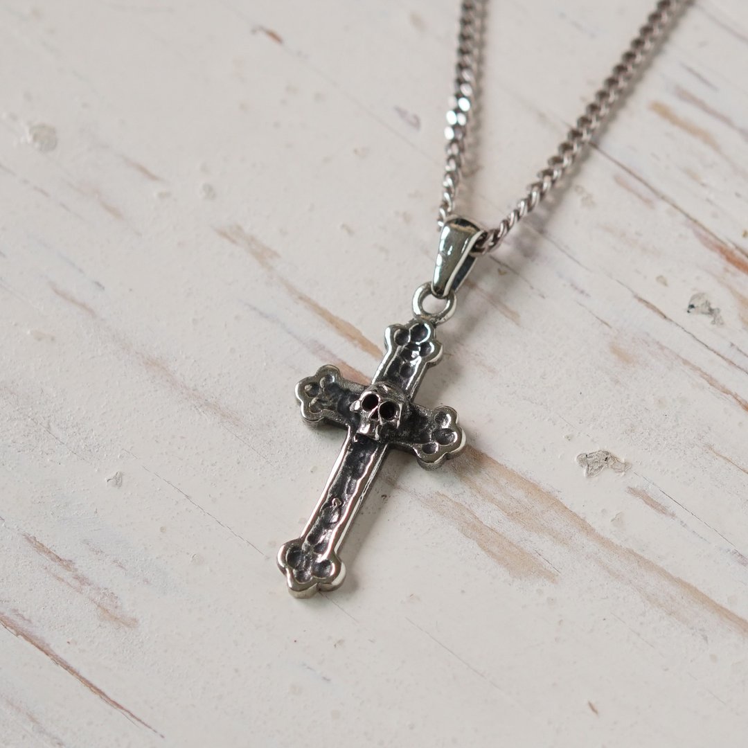 925 Crucifix 纯银男士 Skull Cross 吊坠项链 - 项链 - 纯银 银色