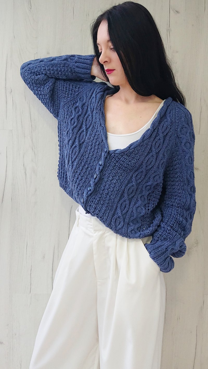 Cable knit sweater cardigan for women Cotton hand knit jacket with buttons - 女装针织衫/毛衣 - 棉．麻 