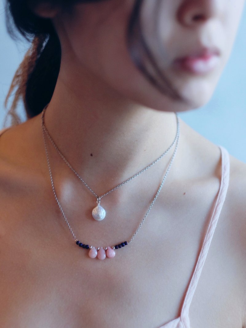 Pearl necklace/ Pink Opal teardrop necklace - 项链 - 宝石 粉红色