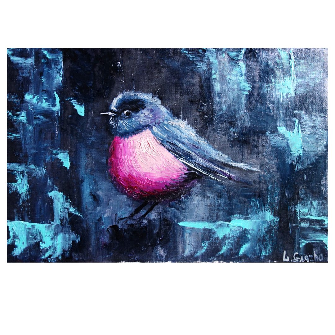 Pink Robin Painting Oil Bird Original Art Animal Artwork Canvas Art Impasto - 海报/装饰画/版画 - 其他材质 多色