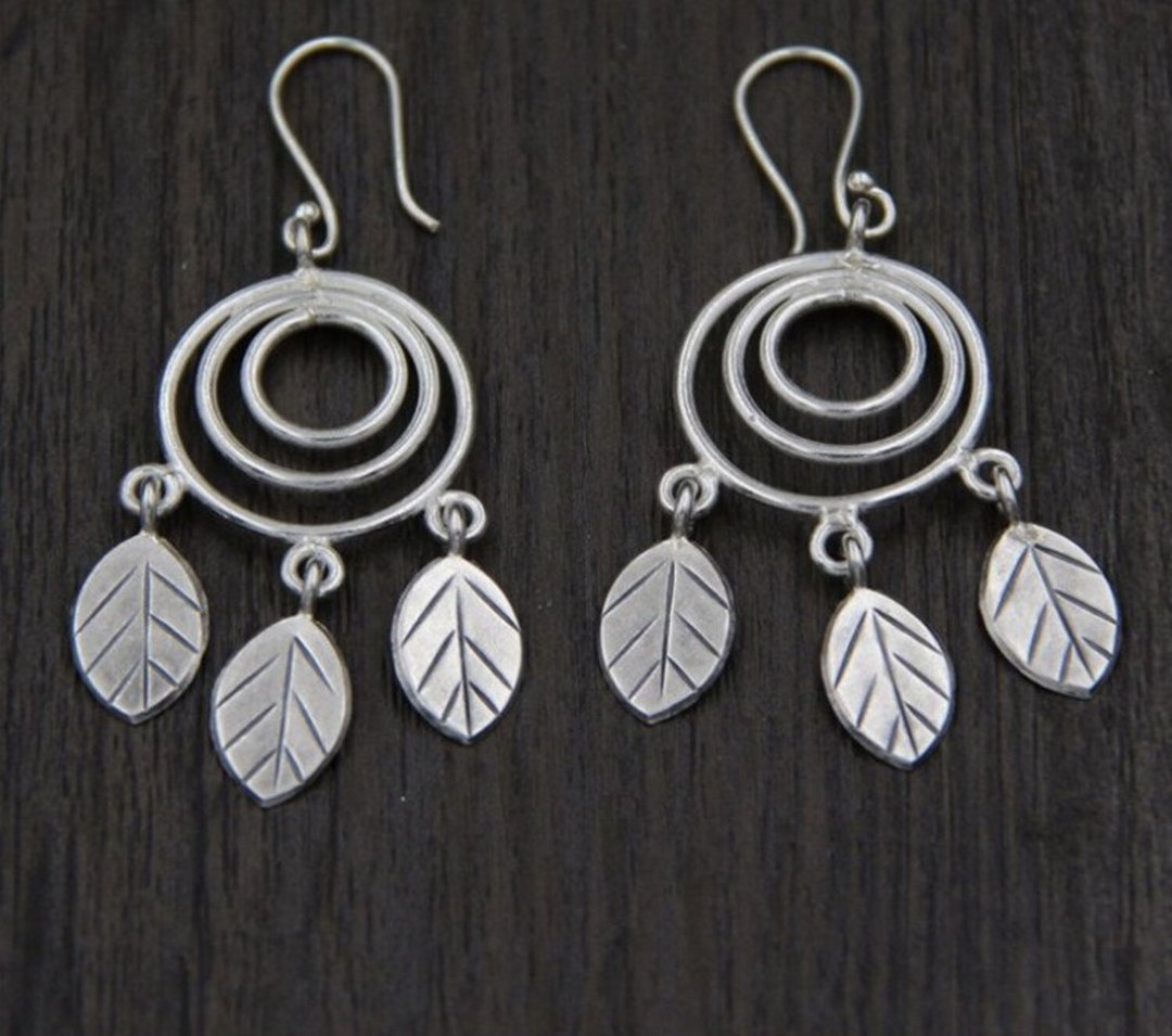 Real 925 Sterling Silver Bohemian Ethnic Leaves Tassels Dangle Earrings Multi - 耳环/耳夹 - 纯银 银色