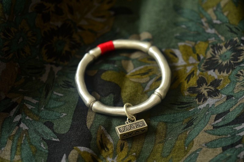 手工纯银简约圆骨半镯 岁岁平安方锁设计单圈手串手链 - 手链/手环 - 纯银 银色