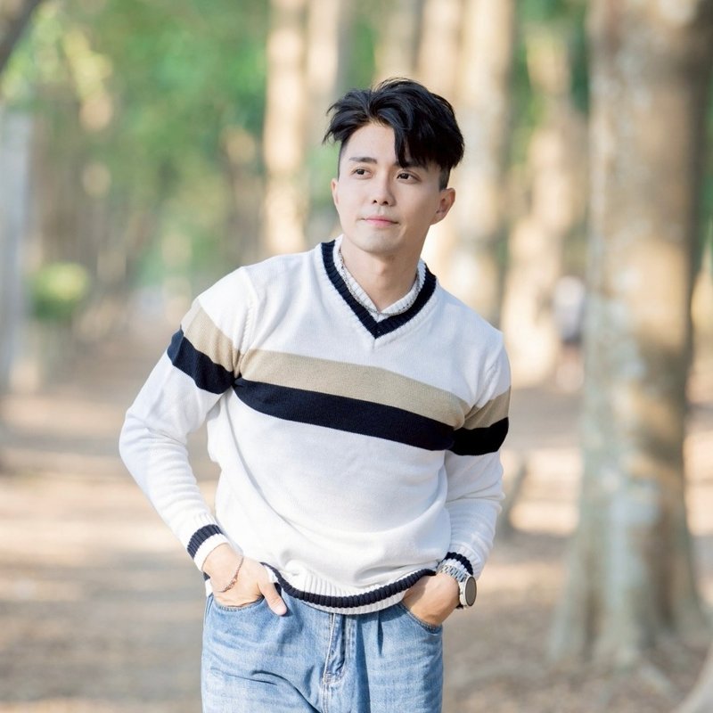 精织层次配色 V 领针织毛衣 - 男装针织衫/毛衣 - 聚酯纤维 白色