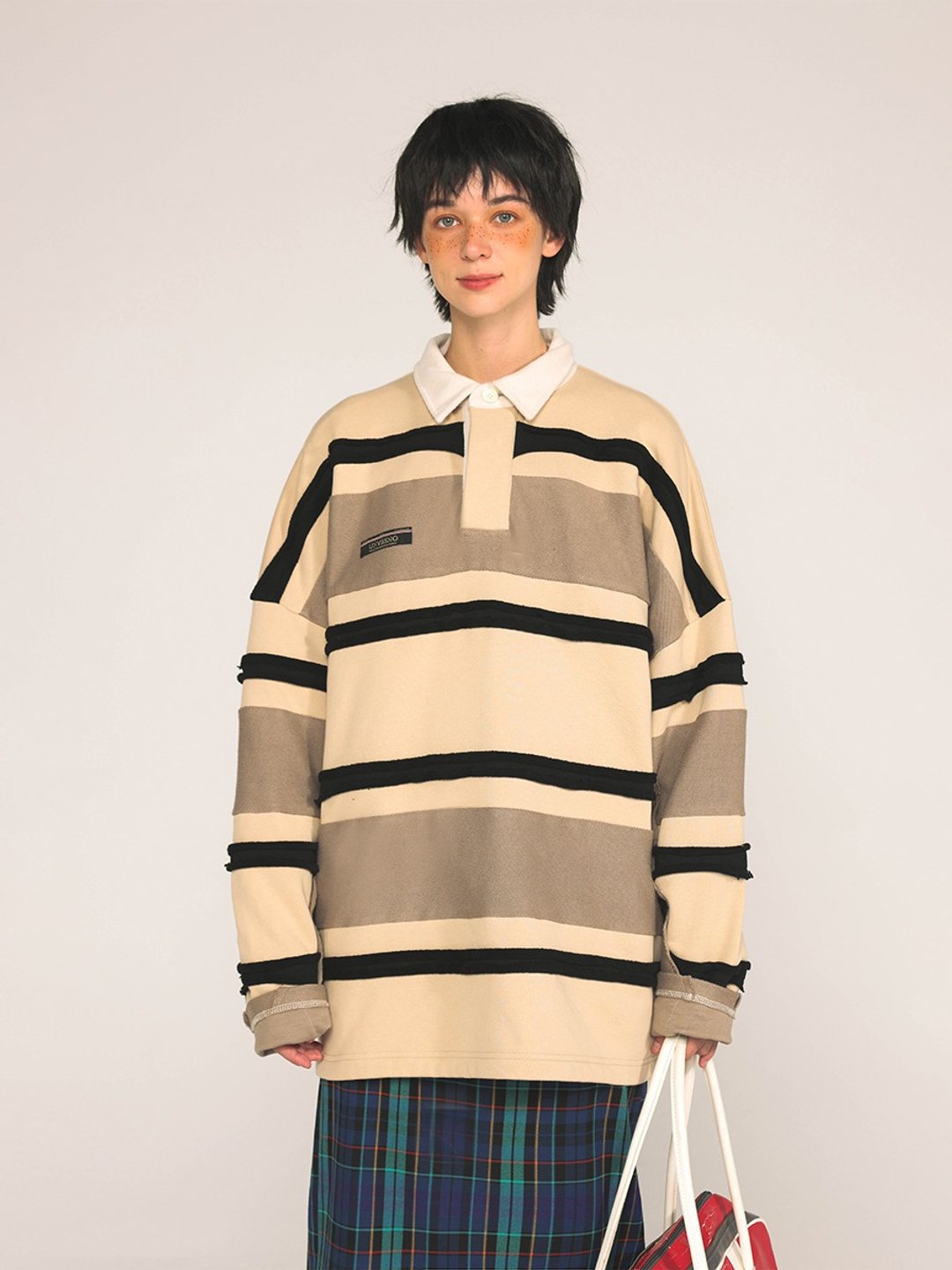 UNVESNO秋日步行复古散边条纹拼接加绒秋冬POLO长袖卫衣 SWS-1590 - 男装上衣/T 恤 - 棉．麻 金色