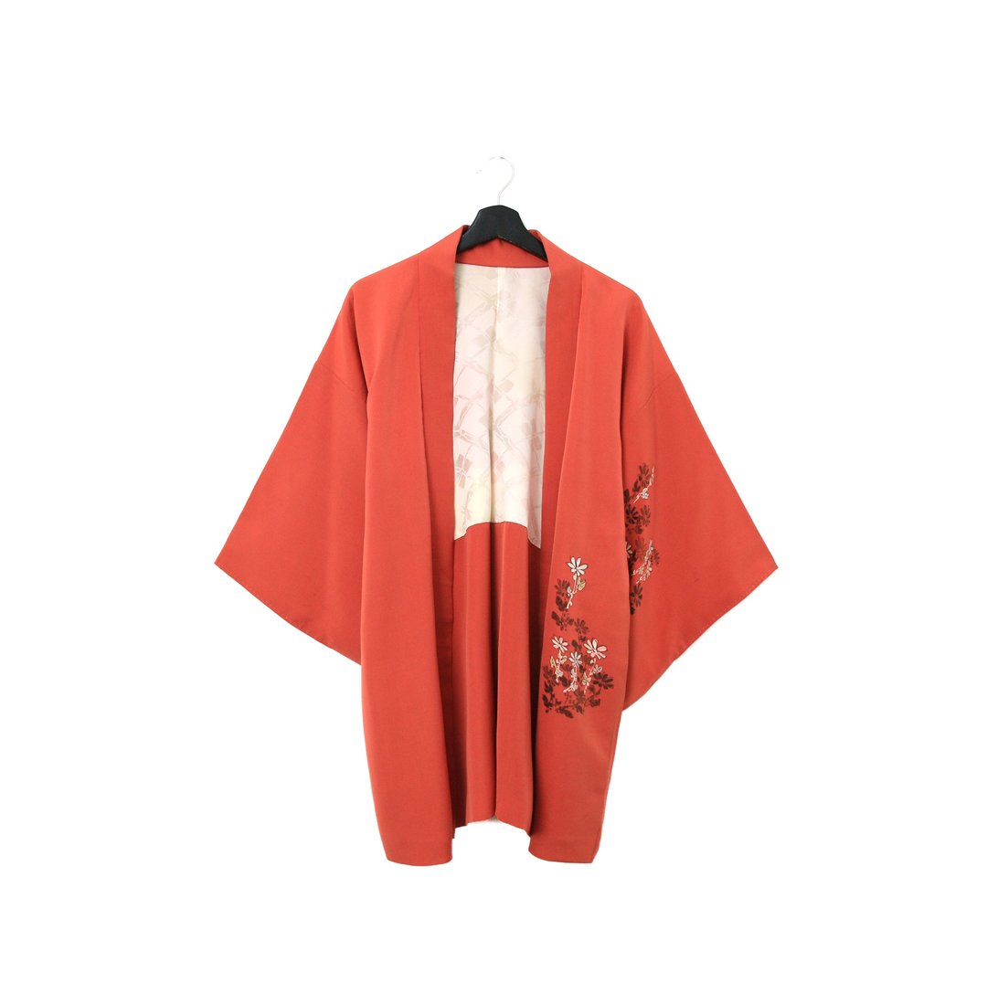 Back to Green-日本带回羽织 橘红 花草 kb-55/vintage kimono - 女装休闲/机能外套 - 丝．绢 