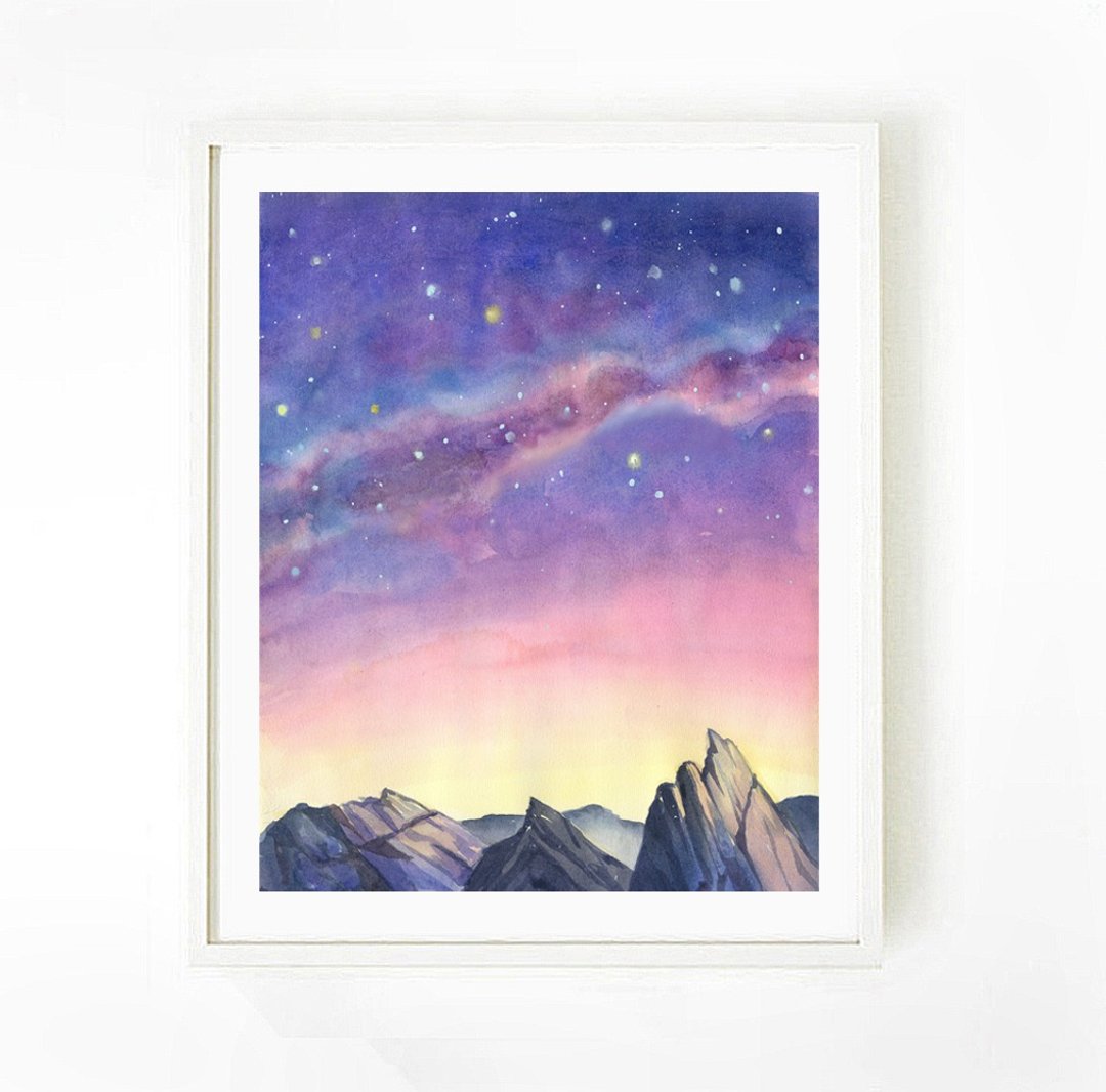 北欧风居家海报-夜晚星空-水彩画-海报-卧室装饰画-民宿-风景 - 海报/装饰画/版画 - 纸 