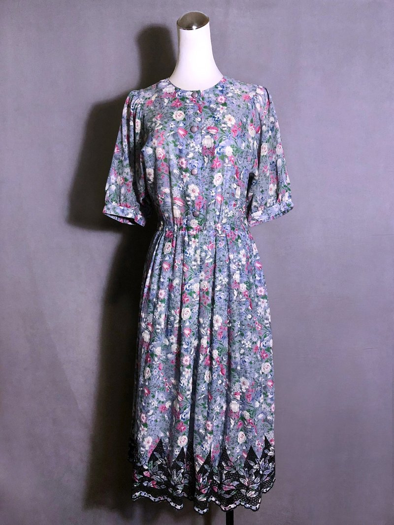 花朵刺绣短袖轻古董洋装/ 国外带回 VINTAGE - 洋装/连衣裙 - 聚酯纤维 蓝色