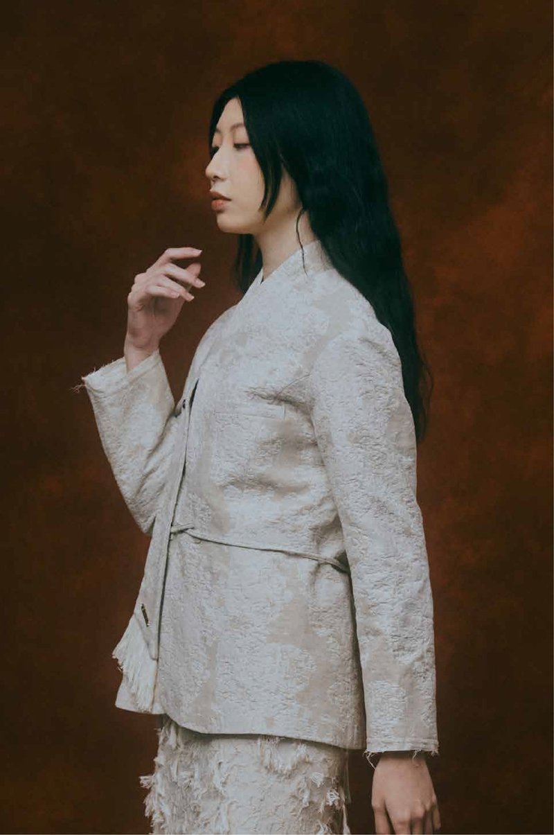驳木卿米色提花领带西装外套 - 女装西装外套/风衣 - 棉．麻 卡其色