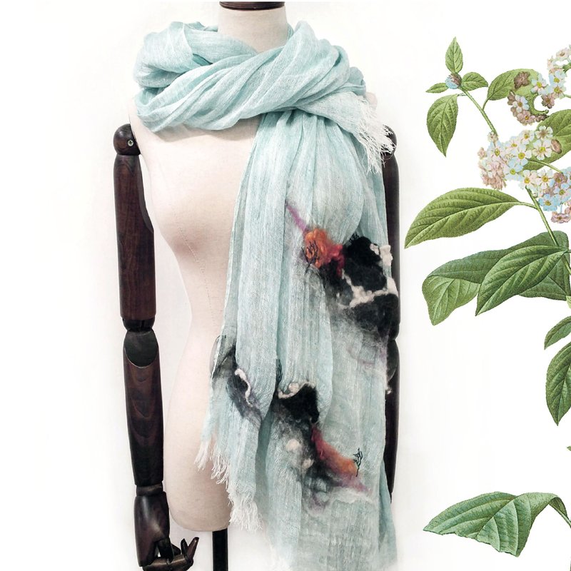 *手工刺绣糸列*毡绒双色全麻围巾*风暴中的小树 - 围巾/披肩 - 棉．麻 蓝色