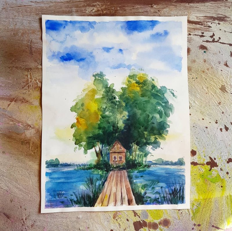 A secluded house - artwork hand painted Watercolor painting on paper - 墙贴/壁贴 - 其他材质 