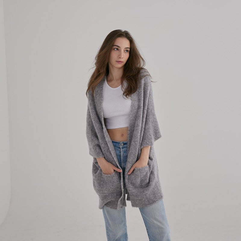羊驼披肩式两用外套 - 雾灰 - 女装针织衫/毛衣 - 羊毛 灰色