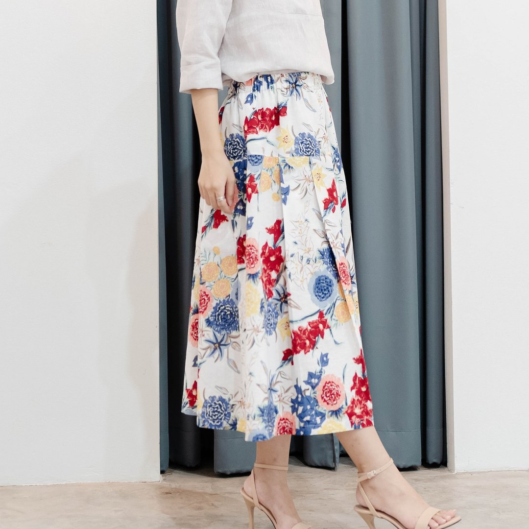 Cotton Floral Midi Skirt Summer Skirt Cotton Skirt - Blue and Red Floral - 裙子 - 棉．麻 多色