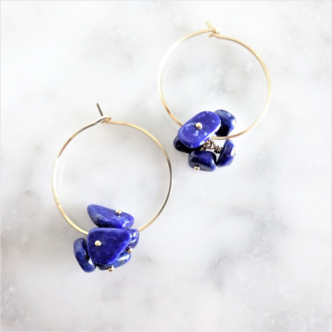 14kgf * Lapis lazuli flowers hoop pierce Ear needle type variable earrings - 耳环/耳夹 - 宝石 蓝色
