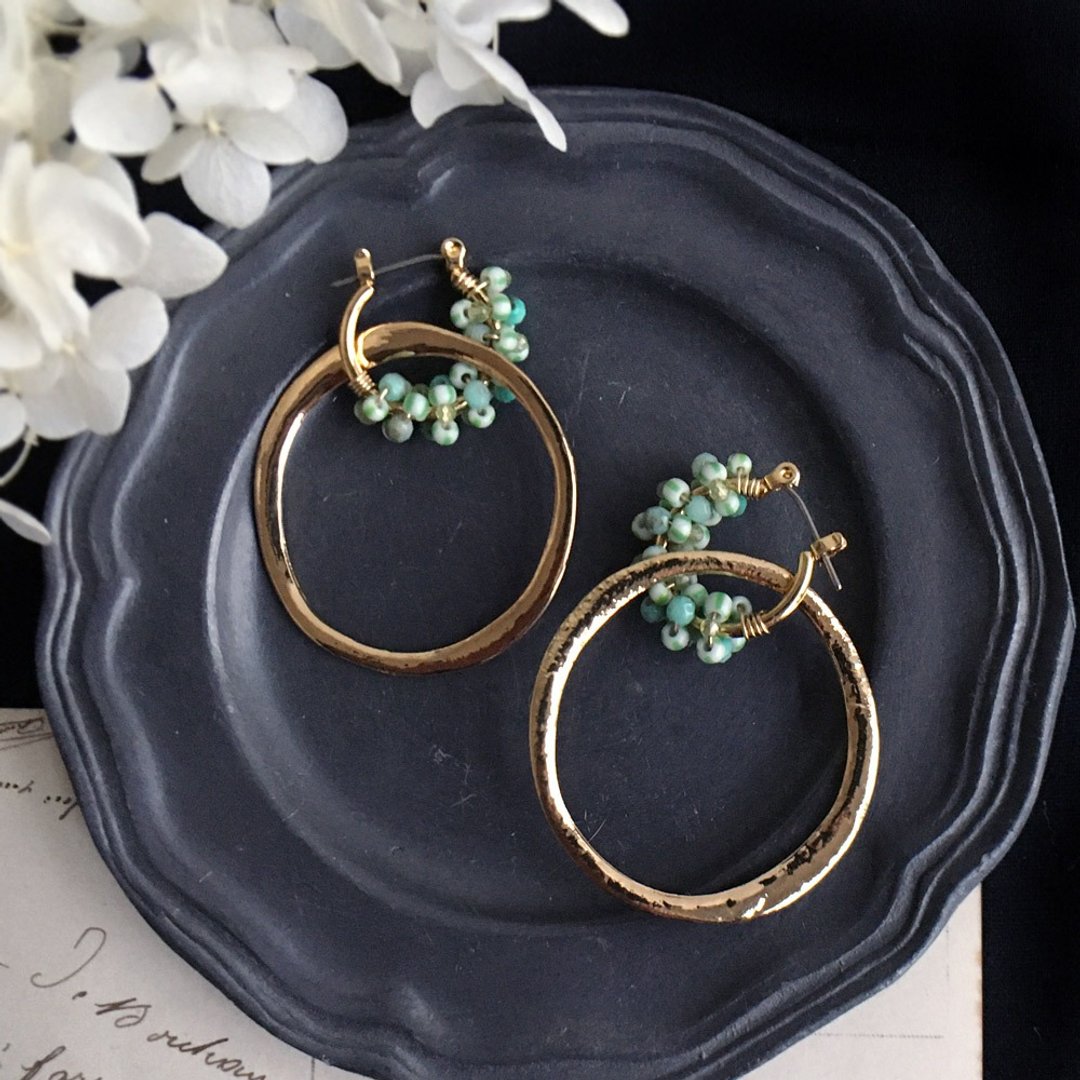 2way 2 kinds of natural stone and gold ring Titanium hoop earrings OR hoop Clip-On/ peridot and calsedony / ear needles / ear buds - 耳环/耳夹 - 宝石 绿色