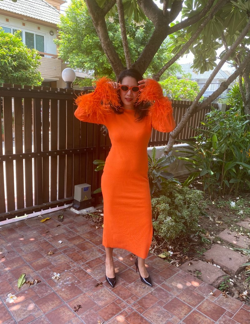 Kim orange feathers bodycon midi dress for women - 洋装/连衣裙 - 聚酯纤维 红色