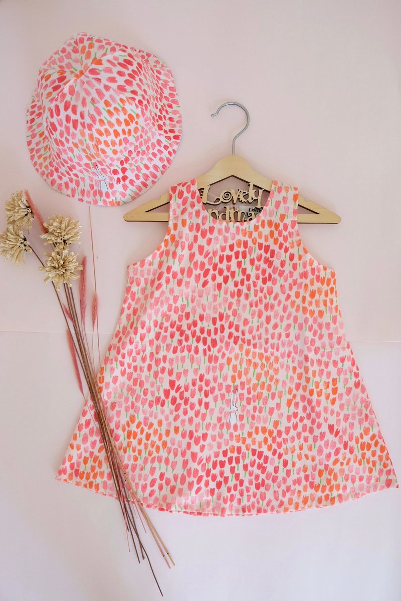 粉红色郁金香与小白兔女童背心裙 - 童装裙 - 棉．麻 粉红色