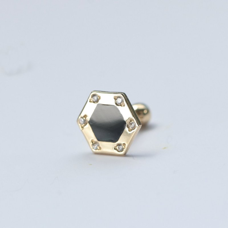 14K 六角黑玛瑙锁珠耳环(单个)耳骨 耳窝 不退色 - 耳环/耳夹 - 贵金属 金色
