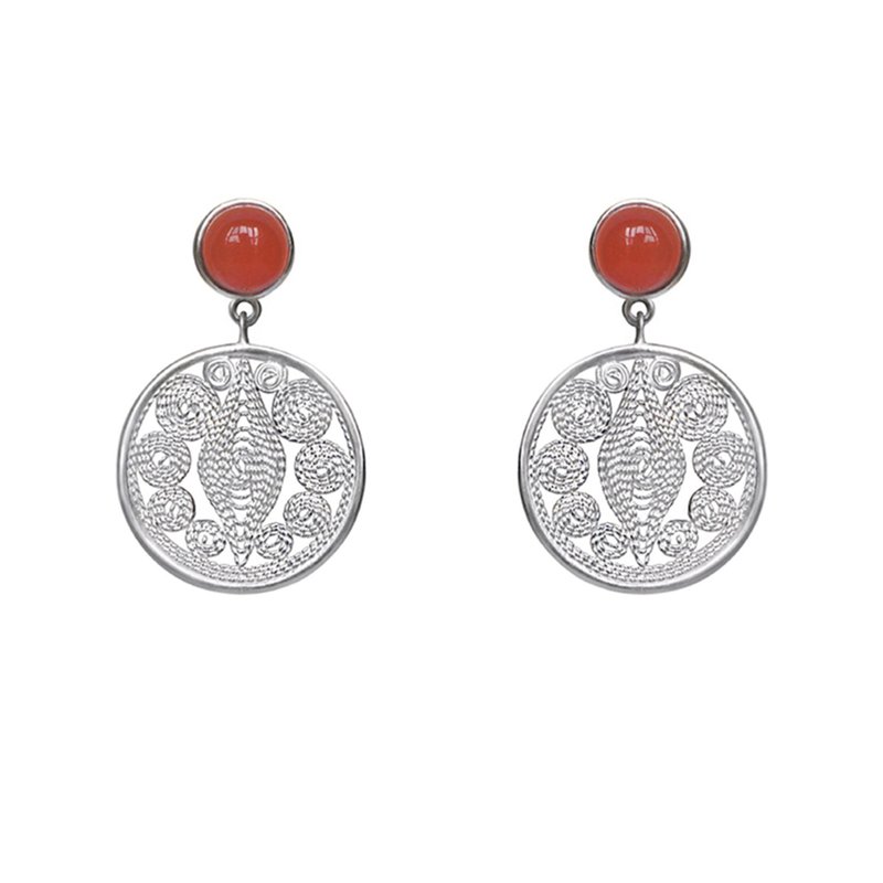 【明睛花丝】系列  耳钉耳坠  99纯银镶嵌南红玛瑙 - 耳环/耳夹 - 纯银 