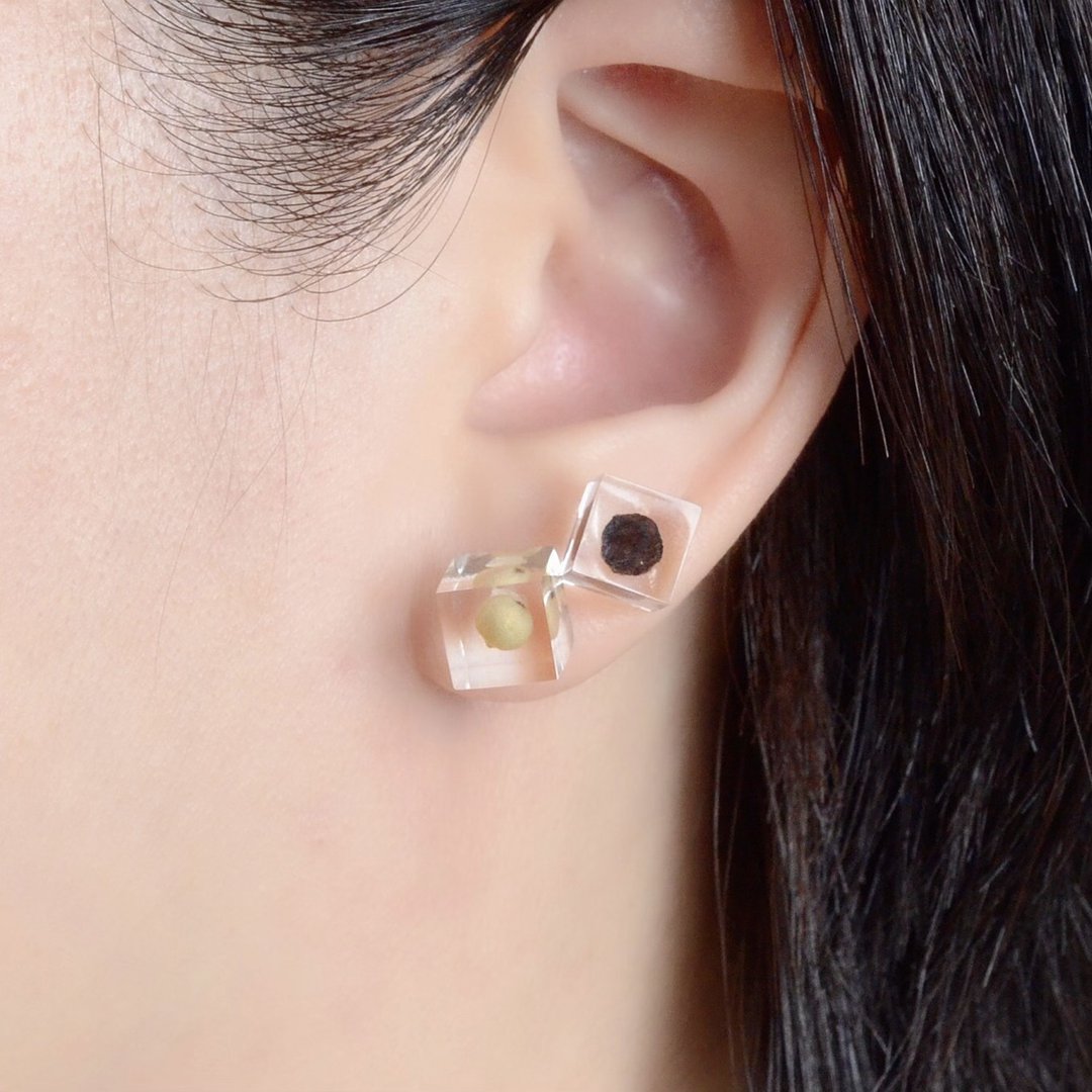 Black and white pepper stud earrings white pepper / black pepper / resin / Stainless Steel/ Japanese design - 耳环/耳夹 - 树脂 黑色