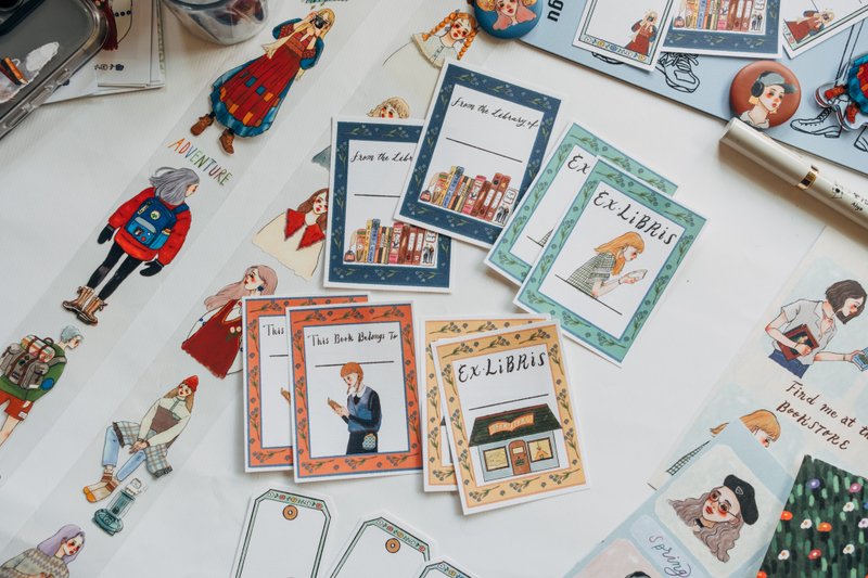 书店里的人 EX-LIBRIS 藏书票贴纸 八张一组 - 贴纸 - 纸 多色