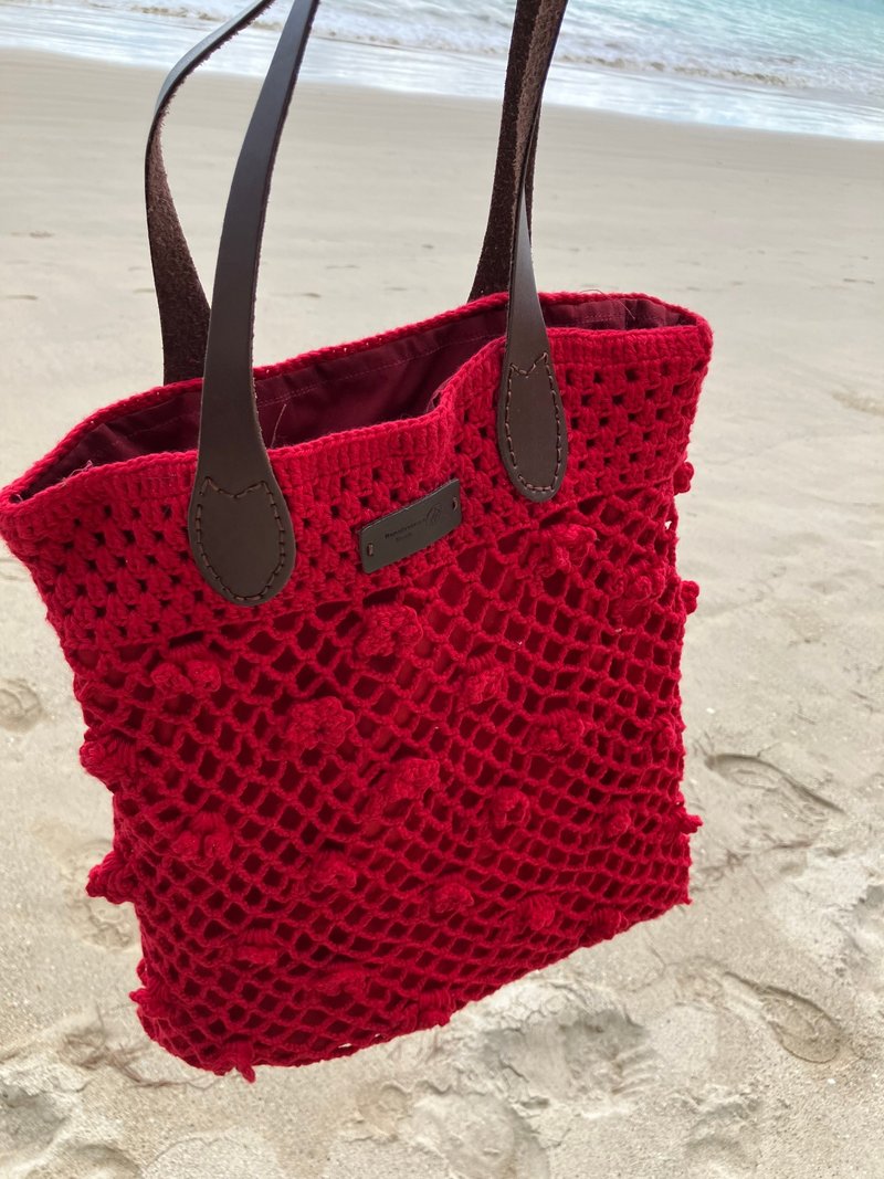 幸运钩针编织托特包 - 手提包/手提袋 - 棉．麻 红色