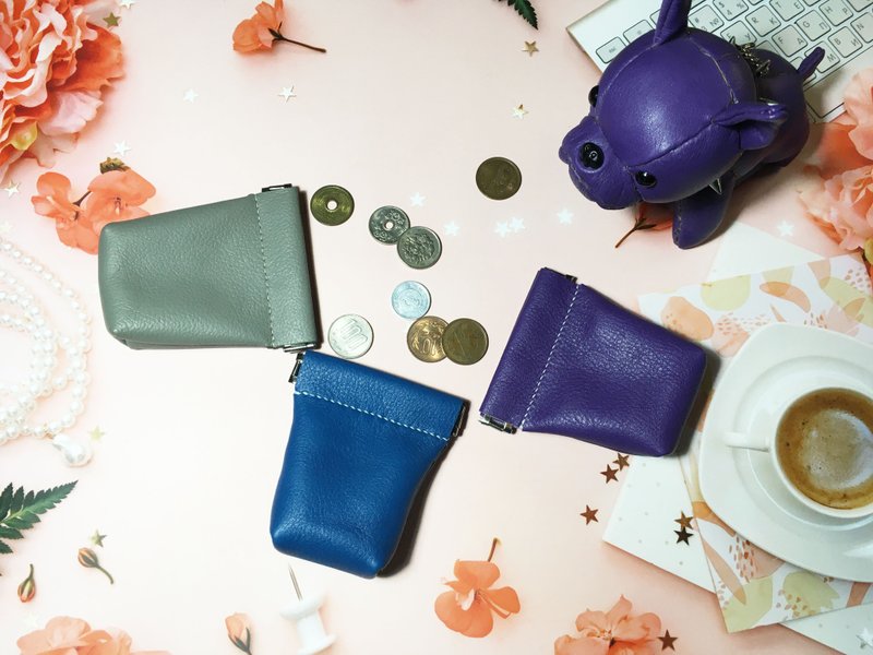 口金零钱包  弹片口金零钱包 小物收纳 真皮手缝 - 零钱包 - 真皮 蓝色