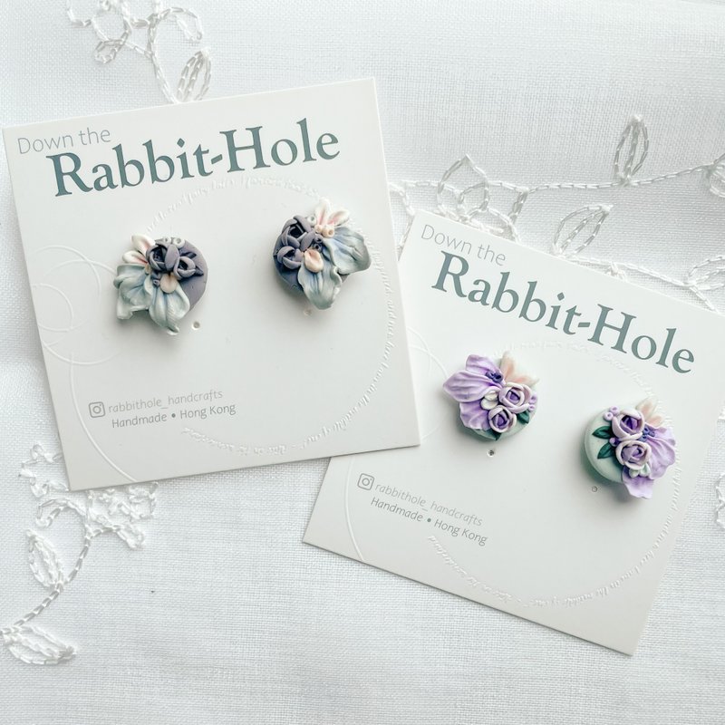 躲兔兔系列 | 粉蝶/ 丁香 纯银软陶耳环 - 耳环/耳夹 - 粘土 紫色