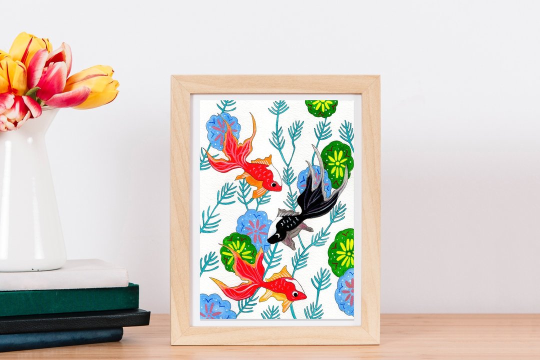 Original Painting // Goldfish Brothers // Goldfish and Flower Painting - 海报/装饰画/版画 - 纸 红色