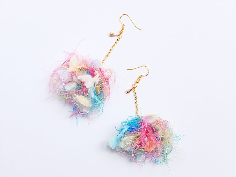 Little Witch | 彩色毛球花 | 耳环/耳夹 - 耳环/耳夹 - 聚酯纤维 蓝色