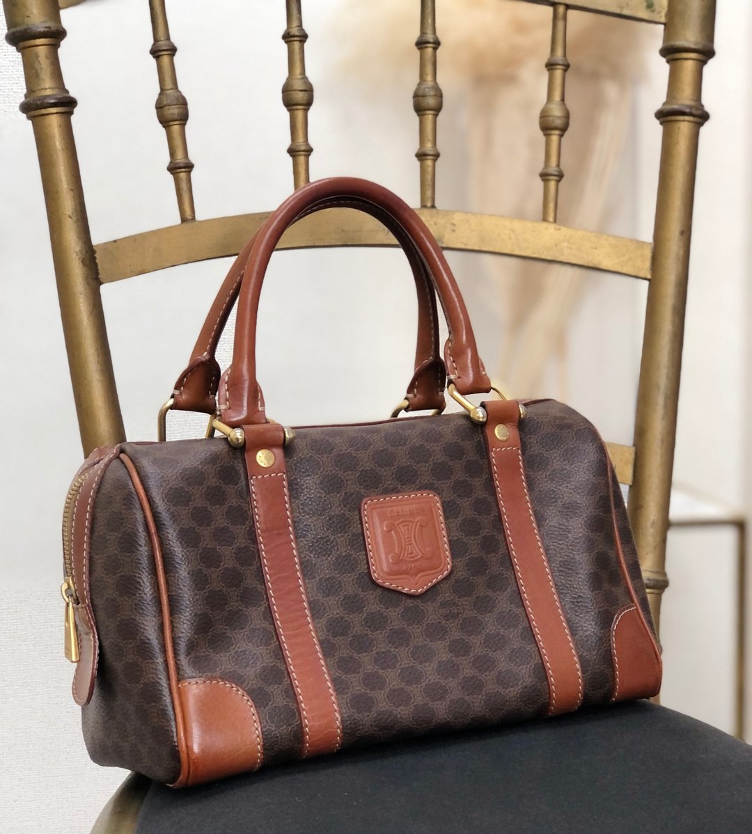 【日本直送，名牌二手包装】CELINE Macadam 手袋棕PVC 皮革 mini Boston vintage vintage 2y3h23 - 手提包/手提袋 - 真皮 咖啡色