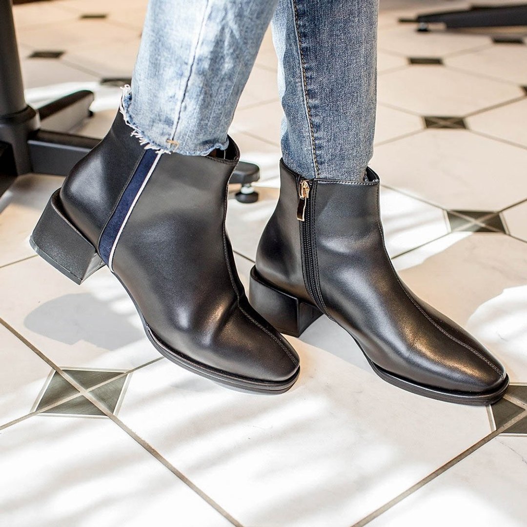 柔软内刷毛 ! 气质小方头拼色短靴Square toe boots - 女款短靴 - 人造皮革 灰色
