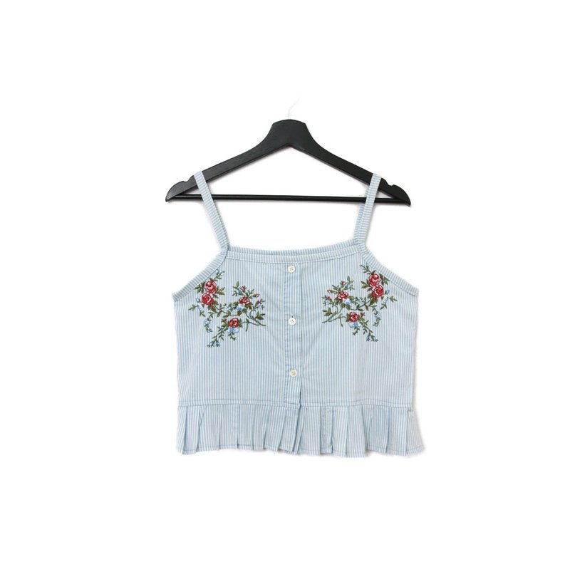 Back to Green-再制刺绣背心 蓝条纹 红玫瑰  sv-19/vintage vest - 女装背心 - 棉．麻 