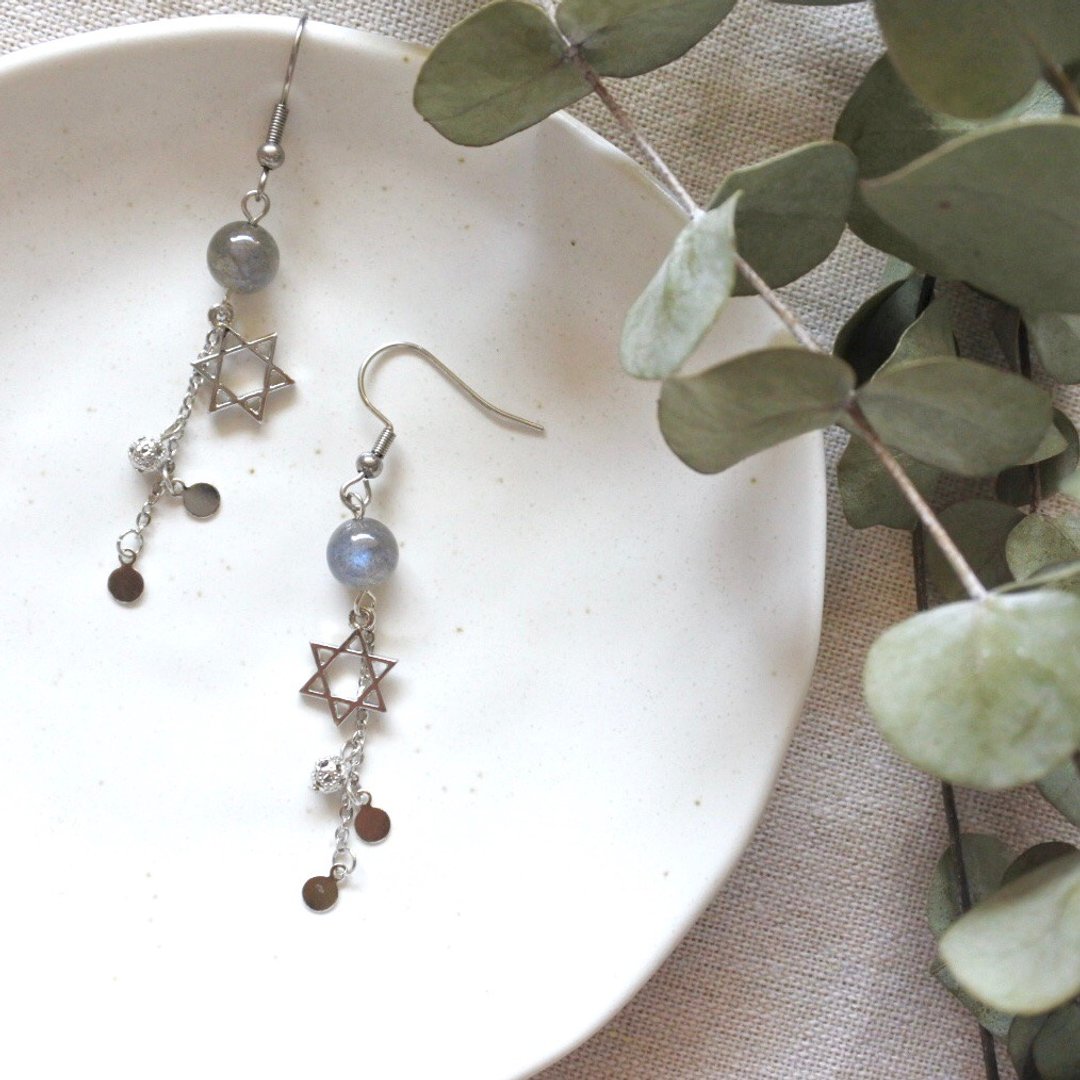 拉长石耳环 Labradorite Earrings - 耳环/耳夹 - 半宝石 灰色