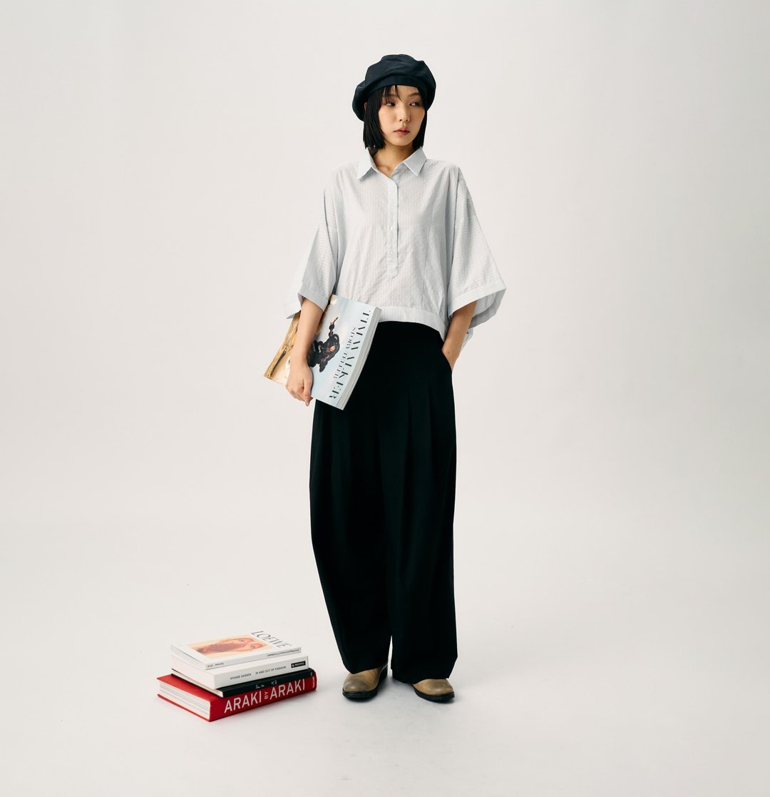 垂坠感黑色宽管长裤 - 女装长裤 - 棉 黑色