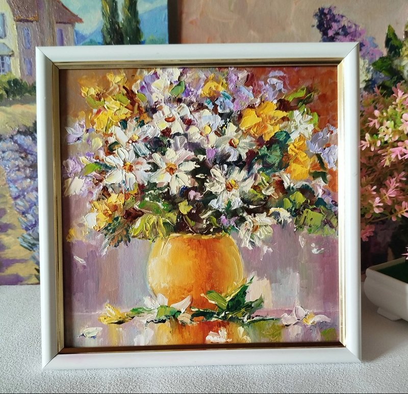雏菊油画 - 原创艺术 - 小型花卉画 - 花卉壁饰 - 墙贴/壁贴 - 棉．麻 橘色