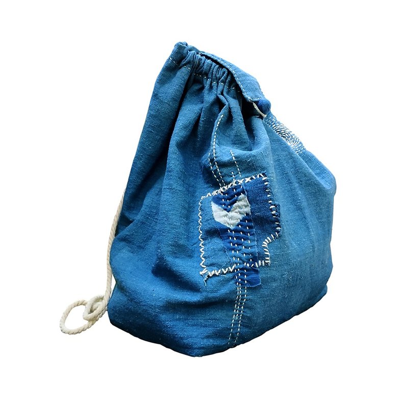 手作侗寨植物蓝染刺子绣古布包孤品 - 束口袋双肩包 - 棉．麻 