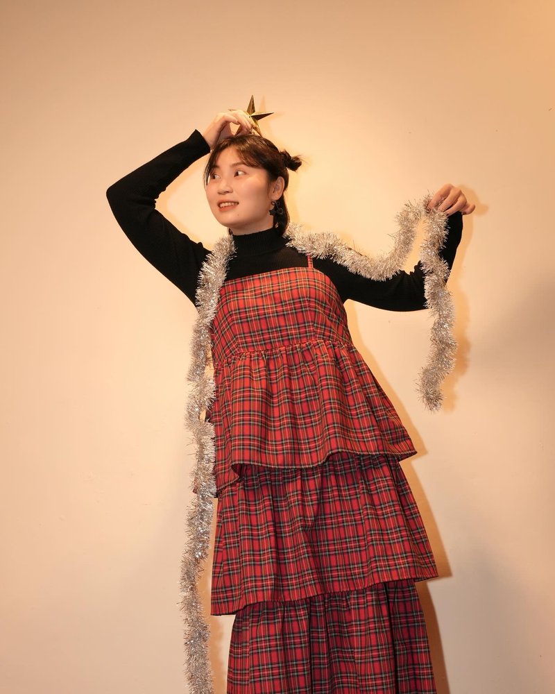 Merry Christmas - 细肩带抽褶洋装 - 洋装/连衣裙 - 聚酯纤维 红色