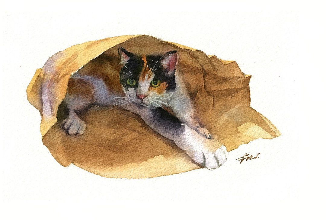 水彩原画【纸袋躲猫猫】 - 海报/装饰画/版画 - 纸 多色