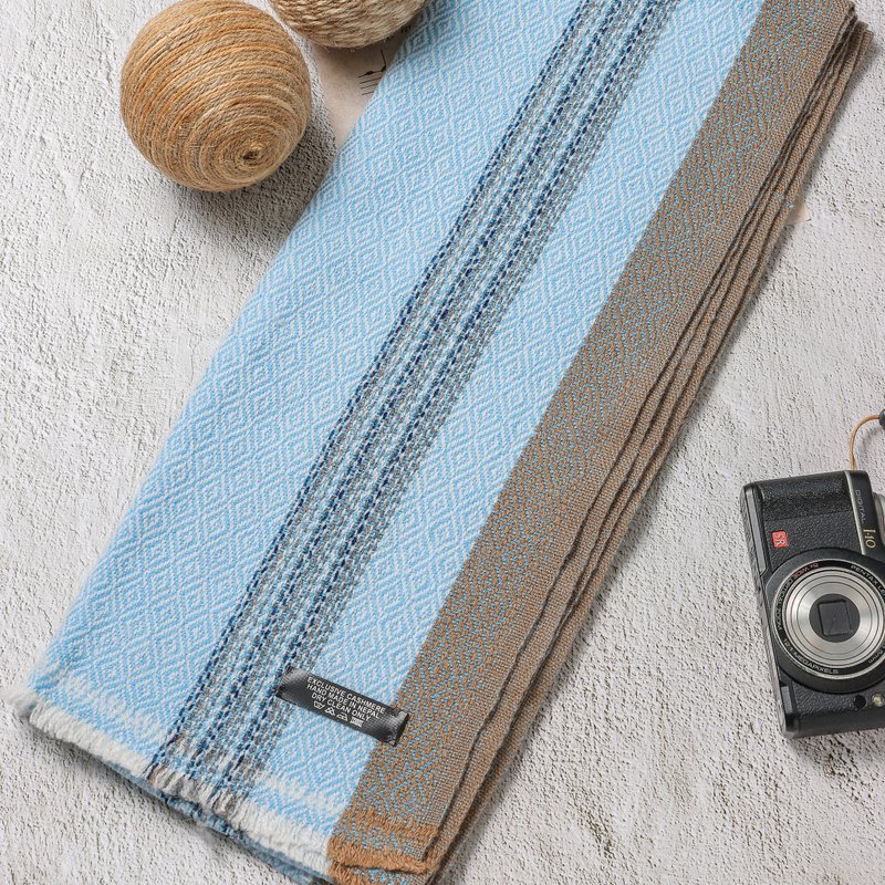 【窄版】喀什米尔羊毛围巾 钻石纹浅蓝褐条纹 脖围 手工机织 - 围巾/披肩 - 羊毛 蓝色