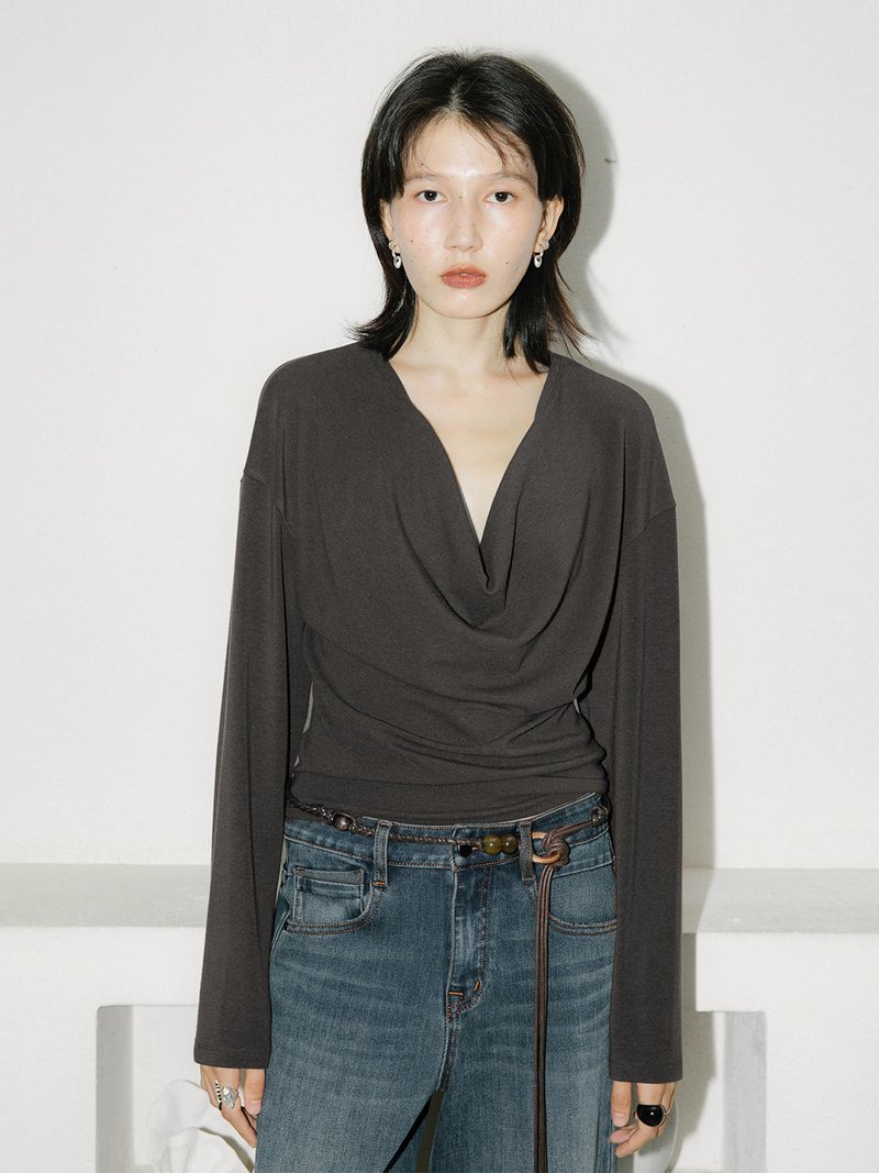 法式复古 / 荡领绑带针织上衣 / 慵懒绑结T恤 - 女装上衣 - 其他材质 灰色