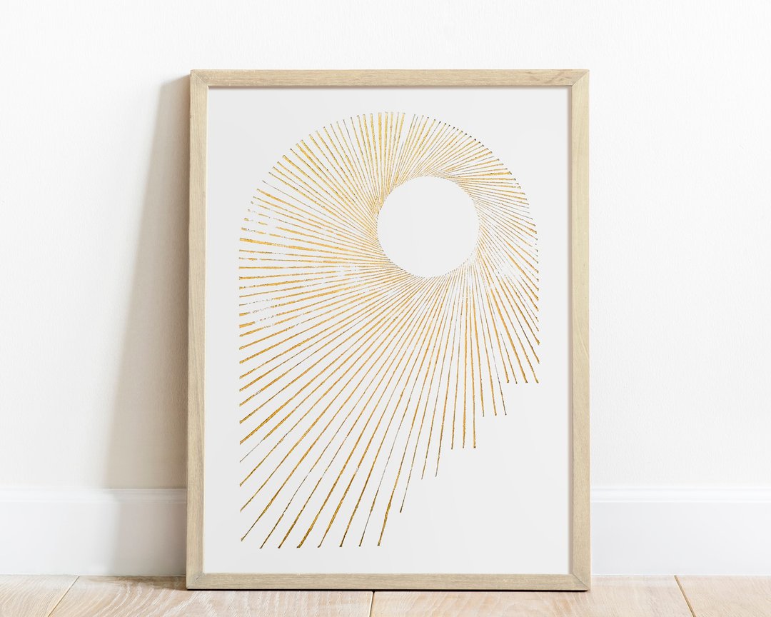 抽象金拱门与太阳墙 Linocut 印刷原创艺术品古典艺术 - 墙贴/壁贴 - 纸 金色