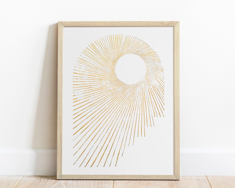 抽象金拱门与太阳墙 Linocut 印刷原创艺术品古典艺术 - 墙贴/壁贴 - 纸 金色