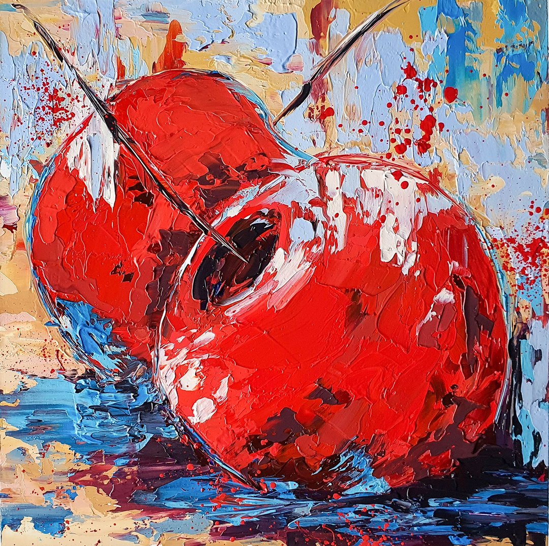 Cherry Painting Fruits Original Art Vegetable Food Artwork Red Berries Wall Art. - 海报/装饰画/版画 - 其他材质 红色