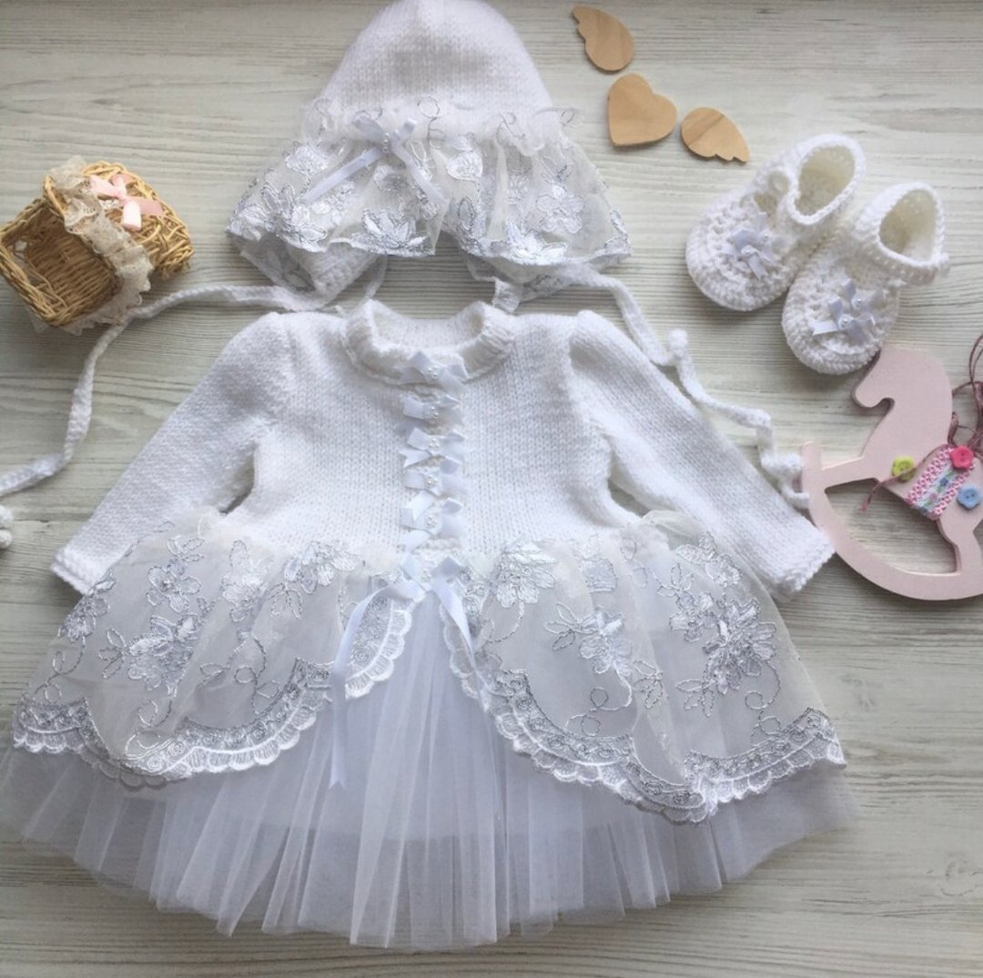 Hand knit white dress with silver lace, hat and booties for baby girl. - 童装礼服/连衣裙 - 其他材质 白色