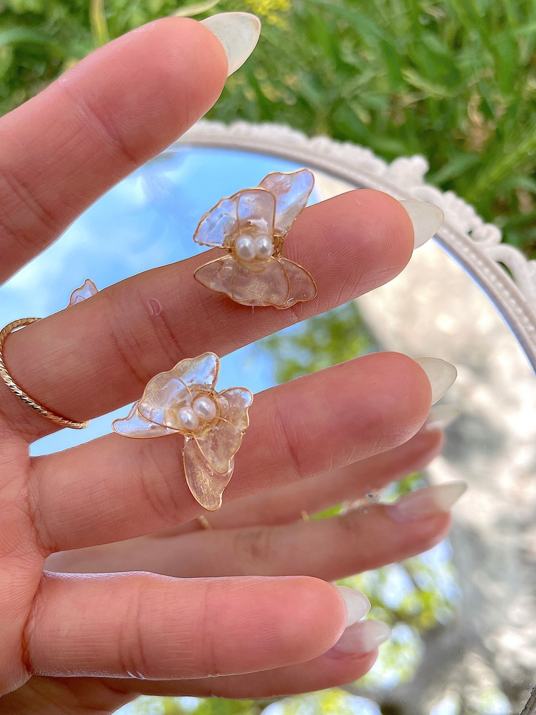 天然珍珠玫瑰金蝴蝶耳环仙女浪漫耳环防过敏 - 耳环/耳夹 - 树脂 粉红色