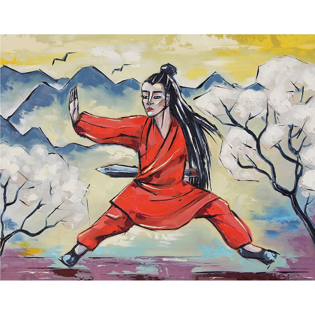 功夫女油画 亚洲原创艺术 武术壁画 28 x 36 厘米 - 海报/装饰画/版画 - 其他材质 红色