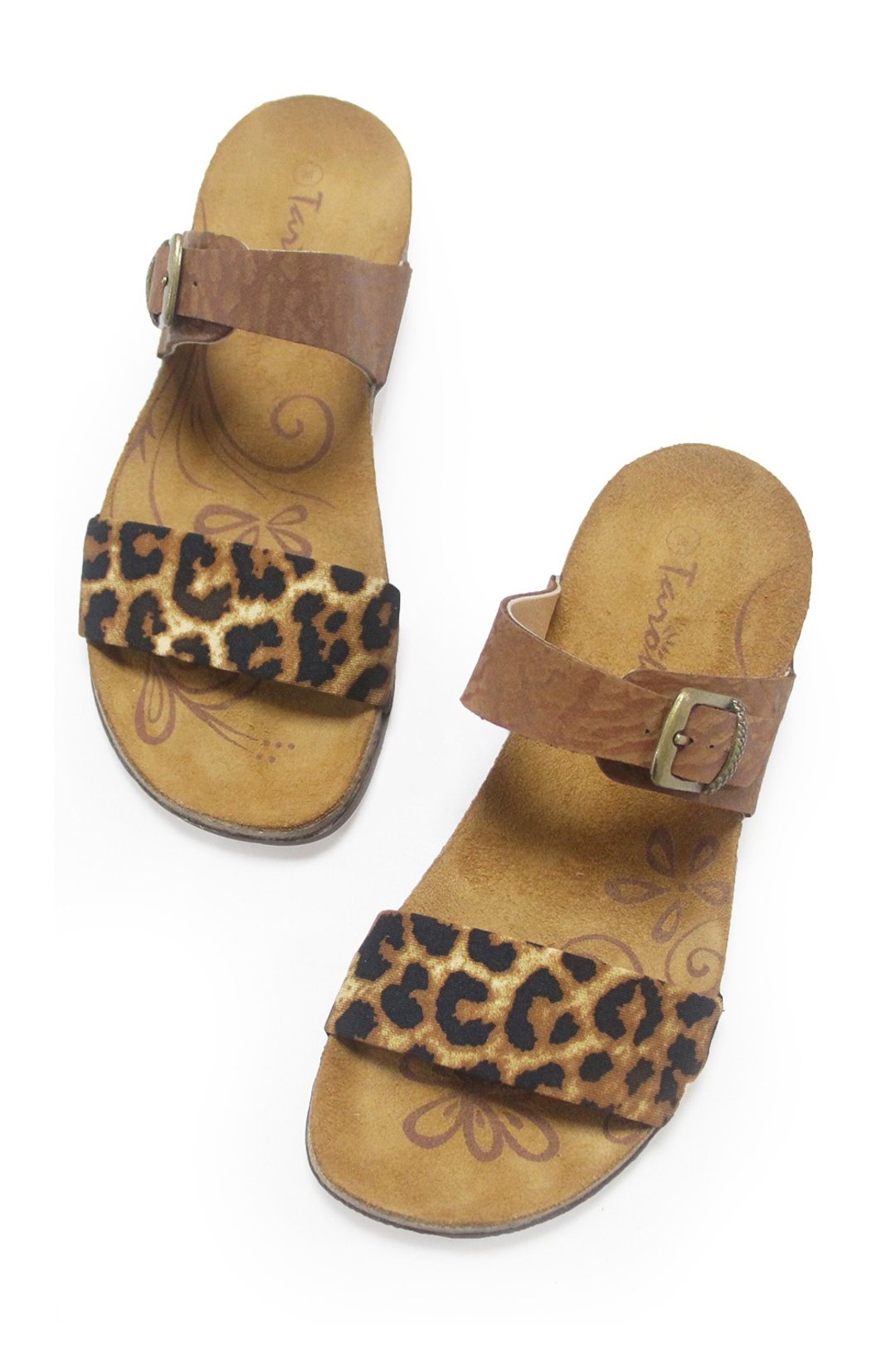 【乐活风采  金钱豹】复古雕花饰扣/弹力莱卡布料/真皮软木气垫鞋 - 男女凉鞋 - 真皮 咖啡色